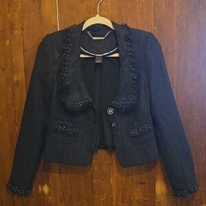 White House Black Market Black Textured Blazer with Ruffle Trim